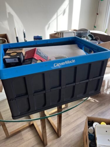 CleverMade Collapsible Storage Bins with Lids, 62L – Heavy Duty Foldable Plastic Storage Crates for Garage, Closet & Trunk Organization - Stone photo review