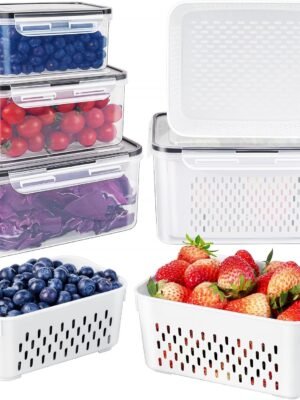 Freshmage refrigerator fruit storage containers with removable filters, airtight food storage containers, dishwasher safe, keep berries and fruits fresh longer. 4 small transparent ones.