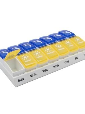 EZY DOSE Weekly (7 Days) AM/PM Pill Holder, Daily Vitamin Container and Pill Box, Large Pop-up Divider, Travel-Friendly Design, Twice a Day, Blue and Yellow Lid