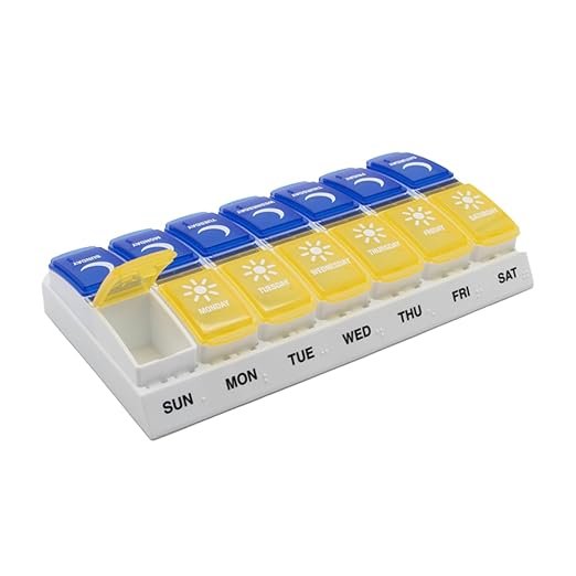 EZY DOSE Weekly (7 Days) AM/PM Pill Holder, Daily Vitamin Container and Pill Box, Large Pop-up Divider, Travel-Friendly Design, Twice a Day, Blue and Yellow Lid