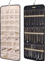 BAGSMART Hanging Jewelry Organizer with Roll-Up Hooks, Metal Hooks, Double-Sided Jewelry Holder, Suitable for Earrings, Necklaces, Closet Rings, Wall Mounts, Door Mounts, 1 Piece, Large Size, Black