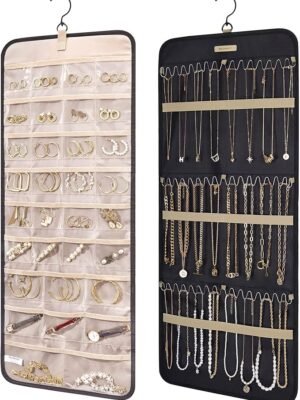 BAGSMART Hanging Jewelry Organizer with Roll-Up Hooks, Metal Hooks, Double-Sided Jewelry Holder, Suitable for Earrings, Necklaces, Closet Rings, Wall Mounts, Door Mounts, 1 Piece, Large Size, Black