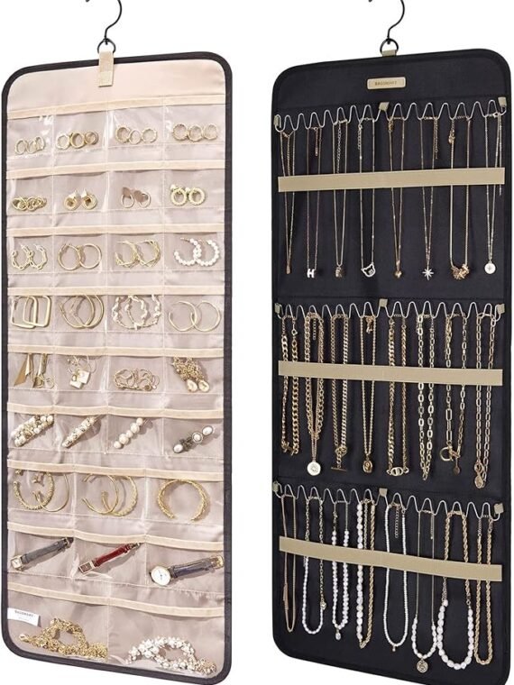 BAGSMART Hanging Jewelry Organizer with Roll-Up Hooks, Metal Hooks, Double-Sided Jewelry Holder, Suitable for Earrings, Necklaces, Closet Rings, Wall Mounts, Door Mounts, 1 Piece, Large Size, Black