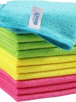HOMEXCEL Microfiber Cleaning Cloths 210GSM, 12-pack, Size: 11.5" x 11.5", ultra-soft, high-density non-abrasion cleaning towels, suitable for cars, glass, kitchens, reusable cloths, blue/grey/yellow/pink.