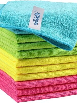 HOMEXCEL Microfiber Cleaning Cloths 210GSM, 12-pack, Size: 11.5" x 11.5", ultra-soft, high-density non-abrasion cleaning towels, suitable for cars, glass, kitchens, reusable cloths, blue/grey/yellow/pink.