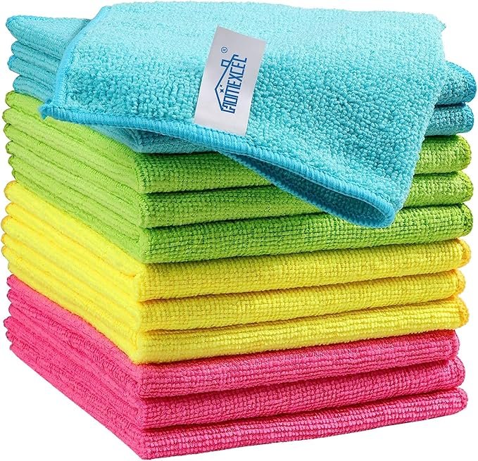 HOMEXCEL Microfiber Cleaning Cloths 210GSM, 12-pack, Size: 11.5" x 11.5", ultra-soft, high-density non-abrasion cleaning towels, suitable for cars, glass, kitchens, reusable cloths, blue/grey/yellow/pink.