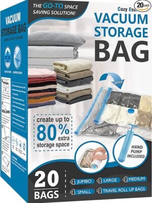 Cozy Essential Vacuum Storage Bags, 80% compression vacuum-sealed space-saving plastic bags, suitable for storing clothes, blankets, pillows, bedding, quilts, and garments. 20-pack.