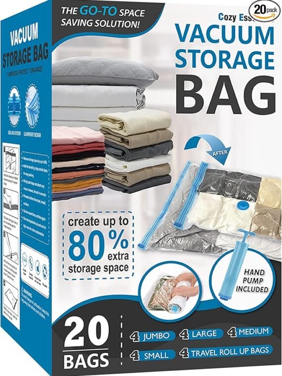 Cozy Essential Vacuum Storage Bags, 80% compression vacuum-sealed space-saving plastic bags, suitable for storing clothes, blankets, pillows, bedding, quilts, and garments. 20-pack.