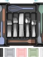 Ukeetap Extra Large Expandable Silverware Organizer, BPA-Free Food Safety Cutlery Organizer, Kitchen Utensil Drawer Organizer, Adjustable Silverware Holder, Suitable for Spoons, Forks, and Knives, Black
