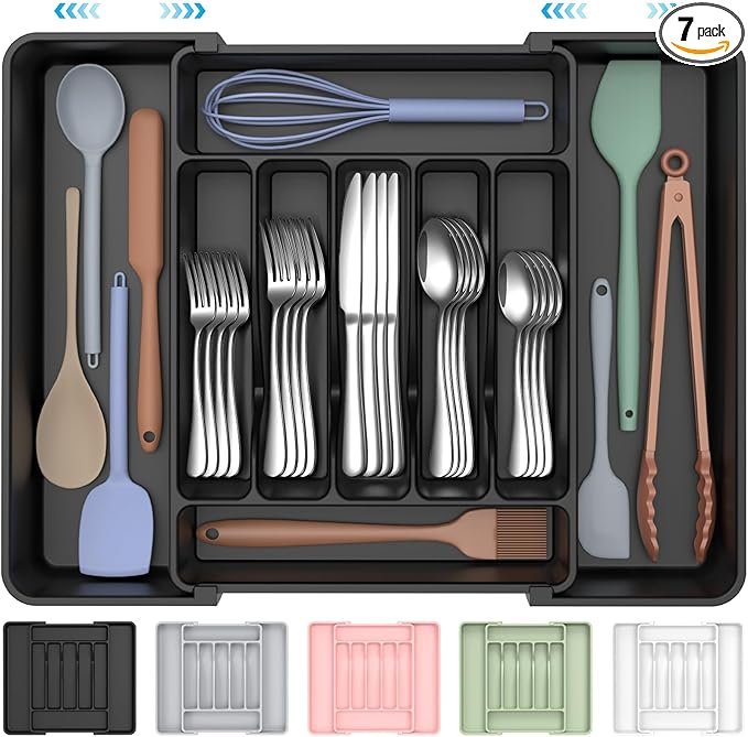 Ukeetap Extra Large Expandable Silverware Organizer, BPA-Free Food Safety Cutlery Organizer, Kitchen Utensil Drawer Organizer, Adjustable Silverware Holder, Suitable for Spoons, Forks, and Knives, Black