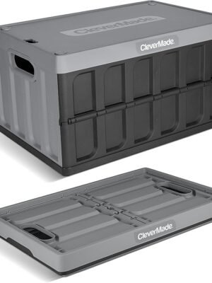 CleverMade Collapsible Storage Bins with Lids, 62L – Heavy Duty Foldable Plastic Storage Crates for Garage, Closet & Trunk Organization - Stone