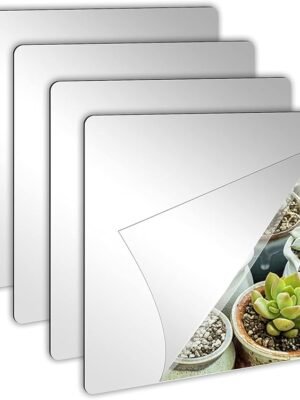 JUNEBRUSHS 4 Pack Self Adhesive Acrylic Mirror, 8 x 8 Inch Mirror Tiles,Flexible Plastic Mirror Sheets Wall Stickers,2MM Thick Mirrors