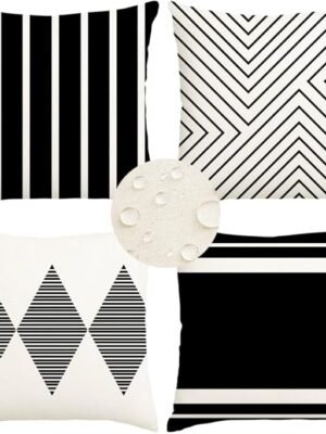 RABUSOFA Outdoor Waterproof Pillow, 18x18 inches (approx. 45.7x45.7 cm) Black and White Bohemian Style 4-Piece Set for Patio Furniture; Sunbrella Outdoor Sofa Pillowcase (2W-18) (No Pillow Insert).