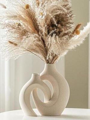 Lvases Snuggle Hollow Ceramic Vase Set (2 Pieces), Nordic Modern Bohemian Style Decorative Ceramic Aesthetic Flower Vase for Home Decor (Off-white, 16 cm wide x 21.3 cm high)