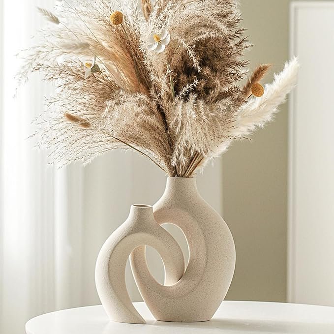 Lvases Snuggle Hollow Ceramic Vase Set (2 Pieces), Nordic Modern Bohemian Style Decorative Ceramic Aesthetic Flower Vase for Home Decor (Off-white, 16 cm wide x 21.3 cm high)