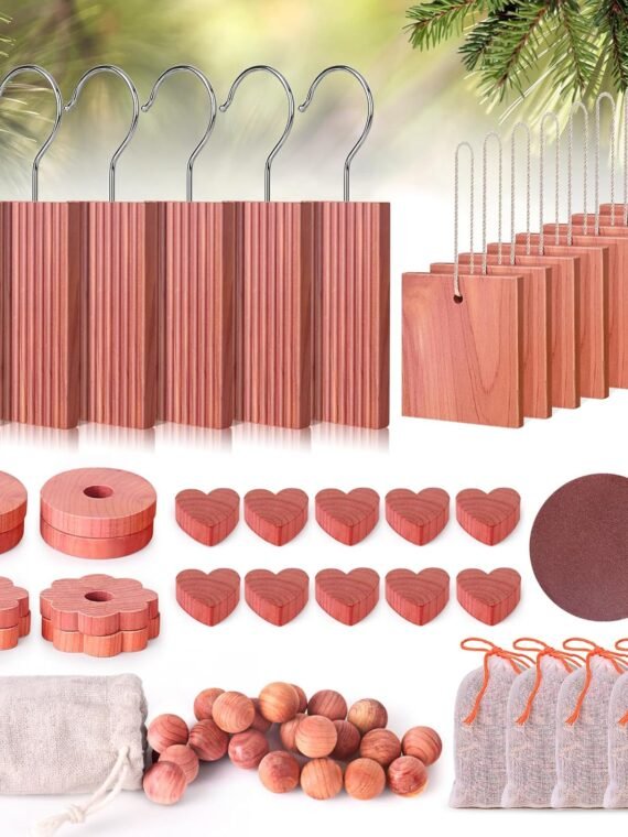 Woodever Cedar Blocks for Clothing Storage (56 blocks), 100% Aromatic Board with Metal Hooks, Cedar Wood Shavings and Balls, for Closets and Drawers, Fresh Scented Sachet