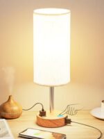 Fenmzee Bedroom Bedside Table Lamp - 3-Way Dimmable Touch Lamp with USB-C Charging Port and AC Socket, Small Wooden Base, Round Linen Fabric Lampshade Suitable for Living Rooms, Desks, and LED Bulbs