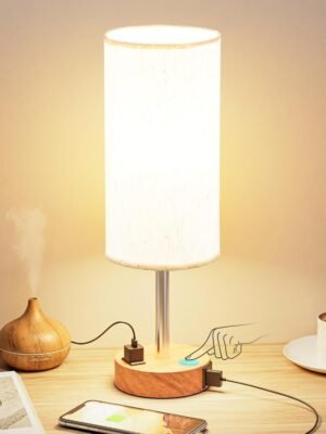 Fenmzee Bedroom Bedside Table Lamp - 3-Way Dimmable Touch Lamp with USB-C Charging Port and AC Socket, Small Wooden Base, Round Linen Fabric Lampshade Suitable for Living Rooms, Desks, and LED Bulbs