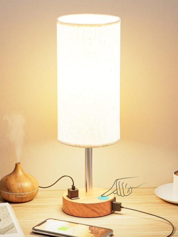 Fenmzee Bedroom Bedside Table Lamp - 3-Way Dimmable Touch Lamp with USB-C Charging Port and AC Socket, Small Wooden Base, Round Linen Fabric Lampshade Suitable for Living Rooms, Desks, and LED Bulbs
