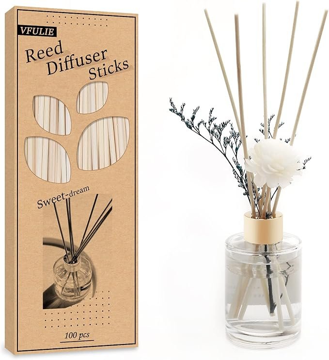 VFULIE 100 Reed Diffuser Sticks, 10 inches (approx. 25.4 cm) Natural Reed Wood Sticks Essential Oil Aromatic Diffuser Sticks Replacement Fragrance (((Original Color))