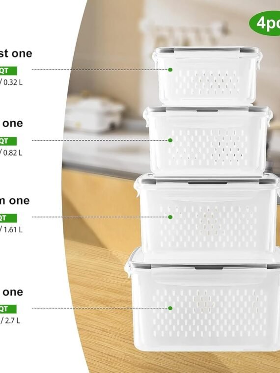 Freshmage refrigerator fruit storage containers with removable filters, airtight food storage containers, dishwasher safe, keep berries and fruits fresh longer. 4 small transparent ones.
