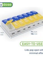 EZY DOSE Weekly (7 Days) AM/PM Pill Holder, Daily Vitamin Container and Pill Box, Large Pop-up Divider, Travel-Friendly Design, Twice a Day, Blue and Yellow Lid