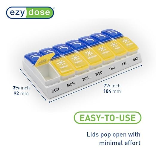 EZY DOSE Weekly (7 Days) AM/PM Pill Holder, Daily Vitamin Container and Pill Box, Large Pop-up Divider, Travel-Friendly Design, Twice a Day, Blue and Yellow Lid