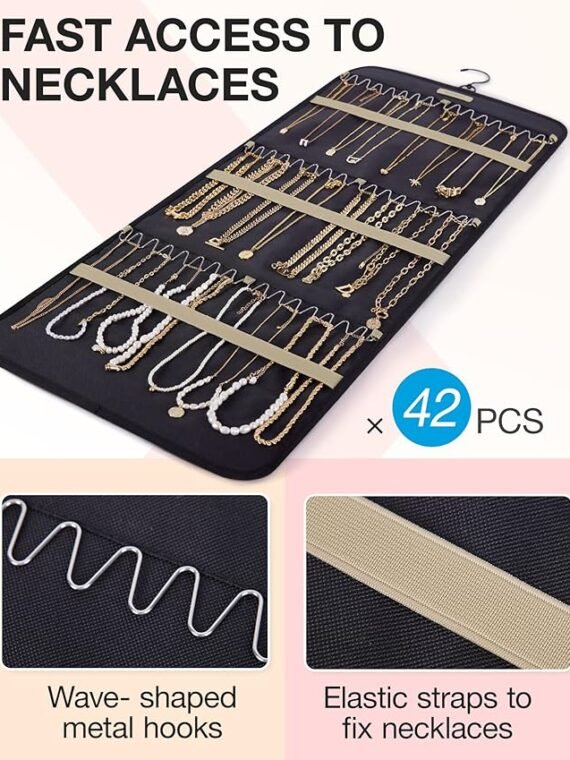 BAGSMART Hanging Jewelry Organizer with Roll-Up Hooks, Metal Hooks, Double-Sided Jewelry Holder, Suitable for Earrings, Necklaces, Closet Rings, Wall Mounts, Door Mounts, 1 Piece, Large Size, Black