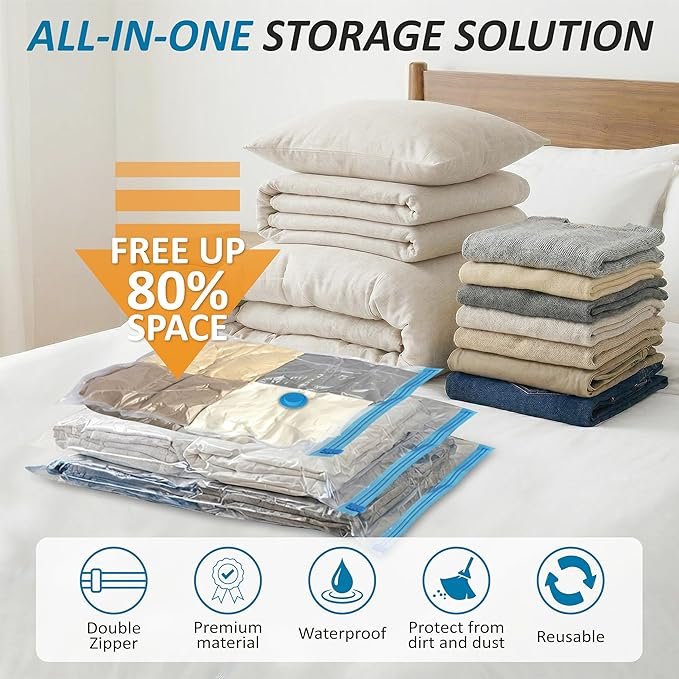 Cozy Essential Vacuum Storage Bags, 80% compression vacuum-sealed space-saving plastic bags, suitable for storing clothes, blankets, pillows, bedding, quilts, and garments. 20-pack.
