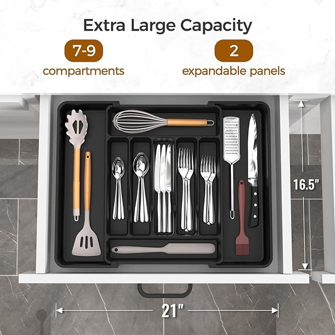 Ukeetap Extra Large Expandable Silverware Organizer, BPA-Free Food Safety Cutlery Organizer, Kitchen Utensil Drawer Organizer, Adjustable Silverware Holder, Suitable for Spoons, Forks, and Knives, Black