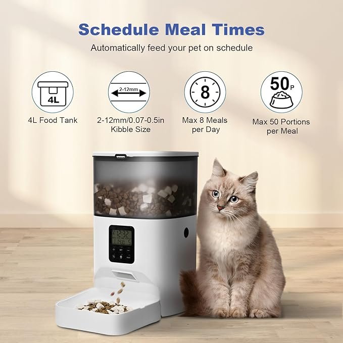 ANDOLL HOME 2.4G/5G Automatic Cat Feeder, 4L WiFi Food Dispenser with 10s Voice Recorder, Pet Feeder up to 10 Meals per Day, Timed Cat Feeder with Dry Food Sealed Ring (Matte White, 4.0 L)