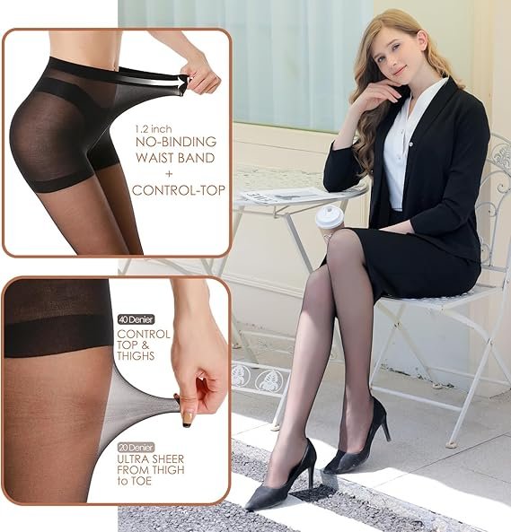 G&Y 3 Pairs Women's Sheer Tights - 20D Control Top Pantyhose with Reinforced Toes