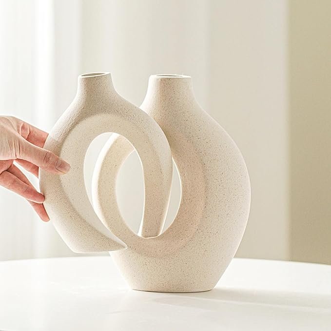 Lvases Snuggle Hollow Ceramic Vase Set (2 Pieces), Nordic Modern Bohemian Style Decorative Ceramic Aesthetic Flower Vase for Home Decor (Off-white, 16 cm wide x 21.3 cm high)