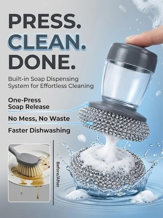 Dish Soap Dispenser and Sponge Holder Set for Kitchen Sink Soap Dispensing Palm Brush with Handle Scrubber Wood Bamboo Cleaning Tools Wand Refill Countertop Accessories(2+6PCS)