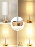 Fenmzee Bedroom Bedside Table Lamp - 3-Way Dimmable Touch Lamp with USB-C Charging Port and AC Socket, Small Wooden Base, Round Linen Fabric Lampshade Suitable for Living Rooms, Desks, and LED Bulbs