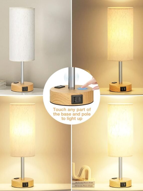 Fenmzee Bedroom Bedside Table Lamp - 3-Way Dimmable Touch Lamp with USB-C Charging Port and AC Socket, Small Wooden Base, Round Linen Fabric Lampshade Suitable for Living Rooms, Desks, and LED Bulbs
