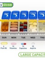 EZY DOSE Weekly (7 Days) AM/PM Pill Holder, Daily Vitamin Container and Pill Box, Large Pop-up Divider, Travel-Friendly Design, Twice a Day, Blue and Yellow Lid