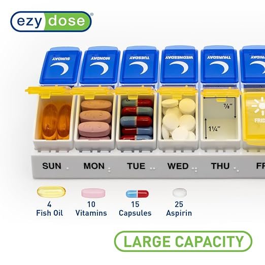 EZY DOSE Weekly (7 Days) AM/PM Pill Holder, Daily Vitamin Container and Pill Box, Large Pop-up Divider, Travel-Friendly Design, Twice a Day, Blue and Yellow Lid
