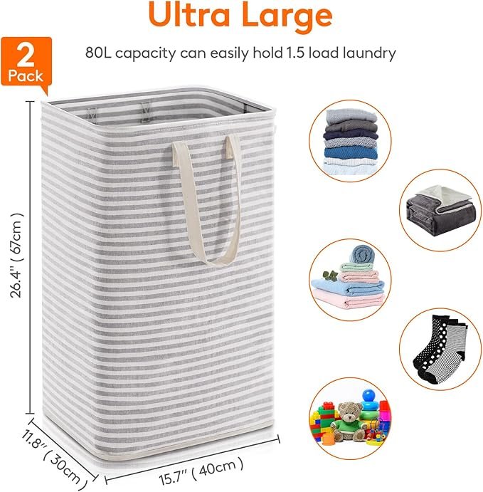 Lifewit 2-Pack Laundry Baskets, 80L each, foldable laundry baskets with reinforced handles, freestanding waterproof design, suitable for bedrooms and laundry rooms, grey 160L.