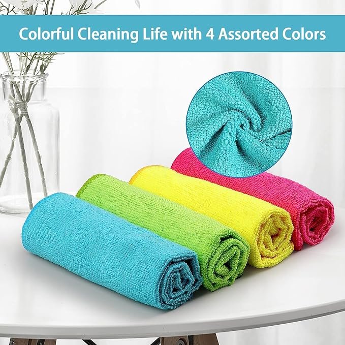 HOMEXCEL Microfiber Cleaning Cloths 210GSM, 12-pack, Size: 11.5" x 11.5", ultra-soft, high-density non-abrasion cleaning towels, suitable for cars, glass, kitchens, reusable cloths, blue/grey/yellow/pink.