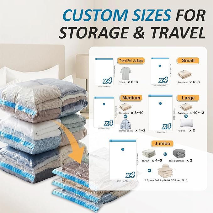 Cozy Essential Vacuum Storage Bags, 80% compression vacuum-sealed space-saving plastic bags, suitable for storing clothes, blankets, pillows, bedding, quilts, and garments. 20-pack.