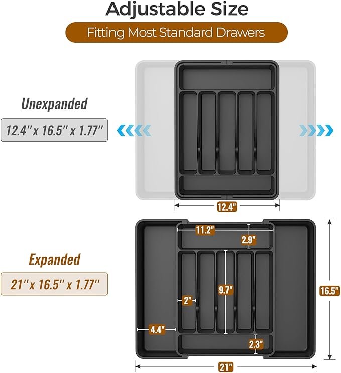 Ukeetap Extra Large Expandable Silverware Organizer, BPA-Free Food Safety Cutlery Organizer, Kitchen Utensil Drawer Organizer, Adjustable Silverware Holder, Suitable for Spoons, Forks, and Knives, Black