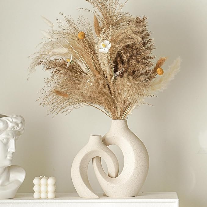 Lvases Snuggle Hollow Ceramic Vase Set (2 Pieces), Nordic Modern Bohemian Style Decorative Ceramic Aesthetic Flower Vase for Home Decor (Off-white, 16 cm wide x 21.3 cm high)