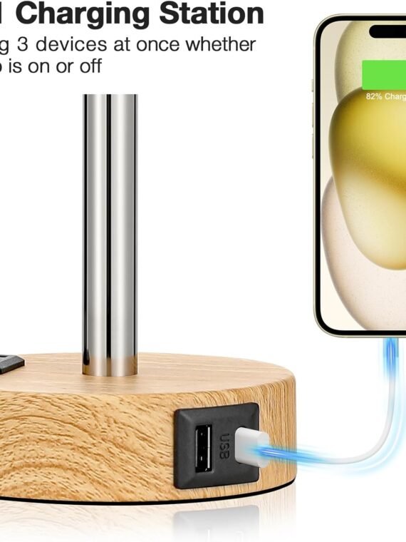 Fenmzee Bedroom Bedside Table Lamp - 3-Way Dimmable Touch Lamp with USB-C Charging Port and AC Socket, Small Wooden Base, Round Linen Fabric Lampshade Suitable for Living Rooms, Desks, and LED Bulbs