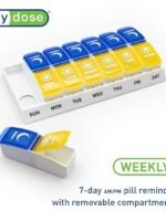 EZY DOSE Weekly (7 Days) AM/PM Pill Holder, Daily Vitamin Container and Pill Box, Large Pop-up Divider, Travel-Friendly Design, Twice a Day, Blue and Yellow Lid