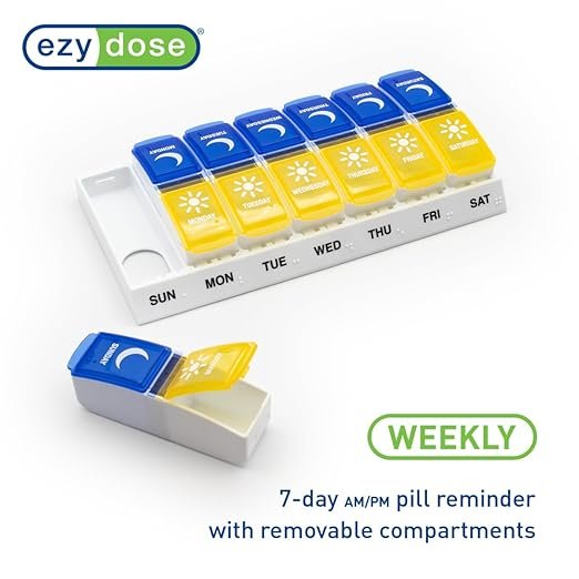 EZY DOSE Weekly (7 Days) AM/PM Pill Holder, Daily Vitamin Container and Pill Box, Large Pop-up Divider, Travel-Friendly Design, Twice a Day, Blue and Yellow Lid
