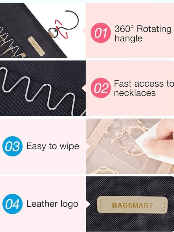 BAGSMART Hanging Jewelry Organizer with Roll-Up Hooks, Metal Hooks, Double-Sided Jewelry Holder, Suitable for Earrings, Necklaces, Closet Rings, Wall Mounts, Door Mounts, 1 Piece, Large Size, Black