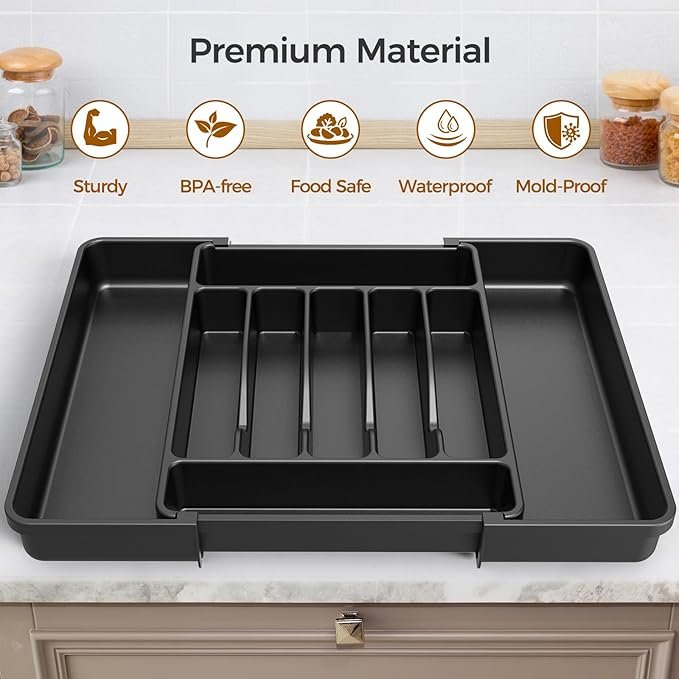 Ukeetap Extra Large Expandable Silverware Organizer, BPA-Free Food Safety Cutlery Organizer, Kitchen Utensil Drawer Organizer, Adjustable Silverware Holder, Suitable for Spoons, Forks, and Knives, Black