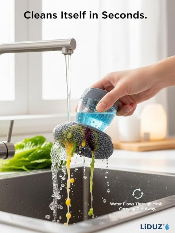 Dish Soap Dispenser and Sponge Holder Set for Kitchen Sink Soap Dispensing Palm Brush with Handle Scrubber Wood Bamboo Cleaning Tools Wand Refill Countertop Accessories(2+6PCS)