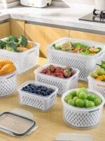 Freshmage refrigerator fruit storage containers with removable filters, airtight food storage containers, dishwasher safe, keep berries and fruits fresh longer. 4 small transparent ones.